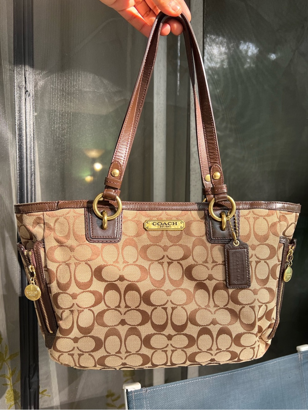 Coach Tan & Brown Signature Canvas Tote with gold hardware